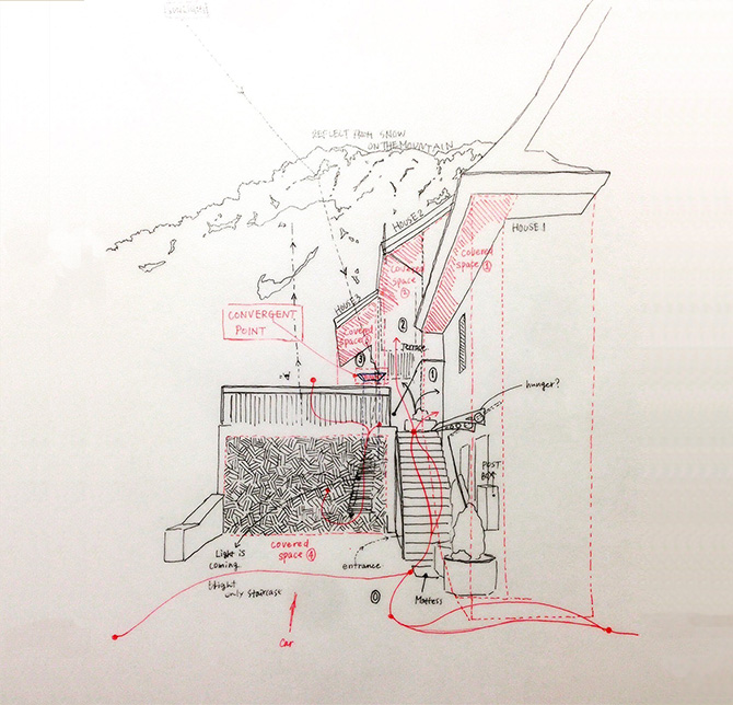 山の麓に建つ家のエントランス-1 (2015) / リヒテンシュタイン留学時のスケッチ